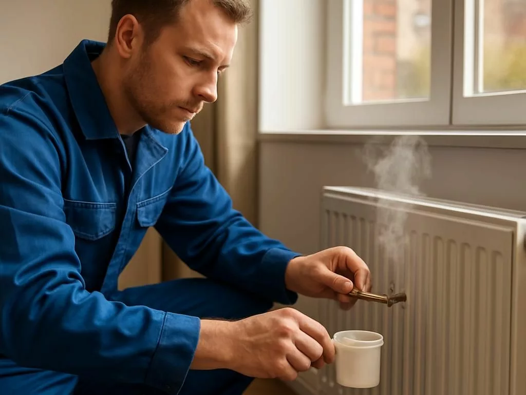 "Chauffagiste Prev'eau purgeant un radiateur froid en bas avec clé de purge - entretien chauffage Belgique"
