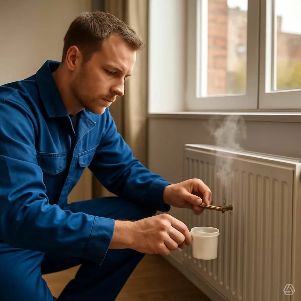 "Chauffagiste Prev'eau purgeant un radiateur froid en bas avec clé de purge - entretien chauffage Belgique"