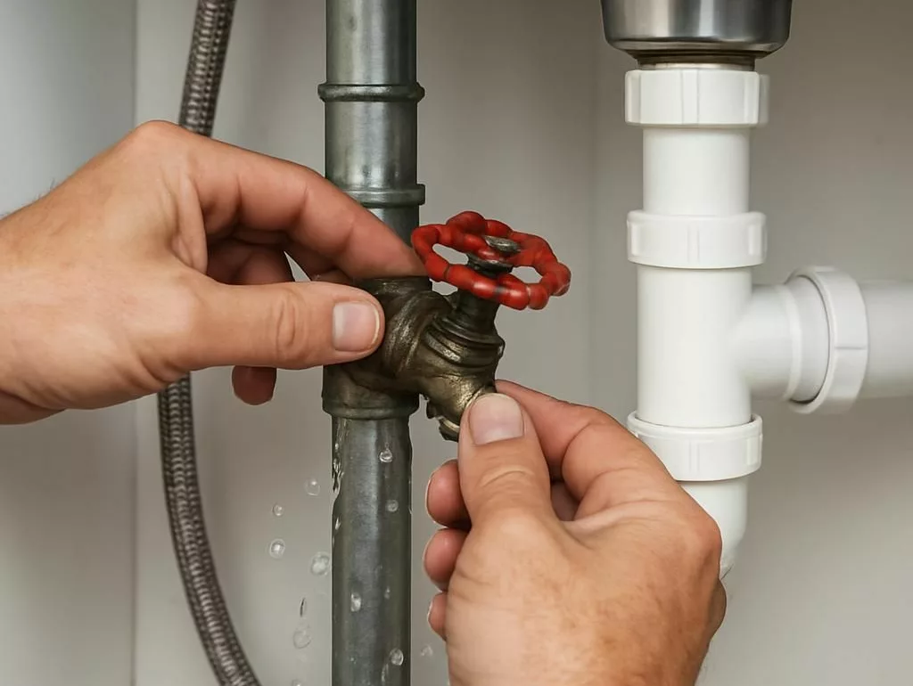 Gestes d'urgence fuite d'eau - fermer robinet d'arrêt sous évier - guide plomberie Prev'eau