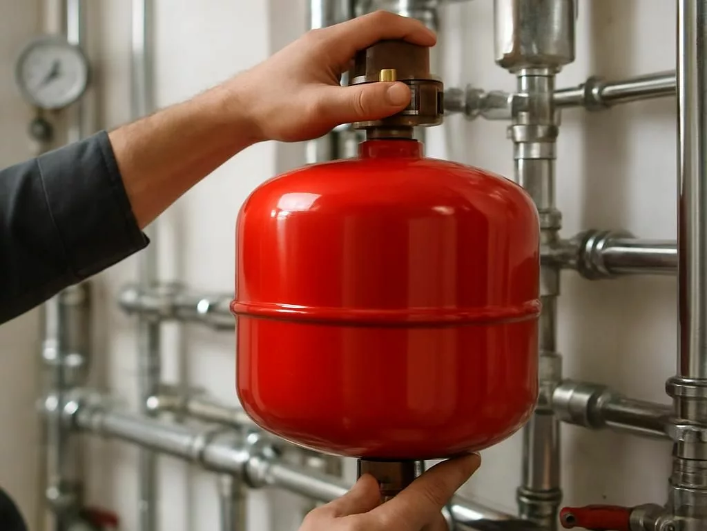 Vase d'expansion chauffage rouge professionnel monté sur mur avec manomètre et raccords - Installation système chauffage Prev'eau Belgique