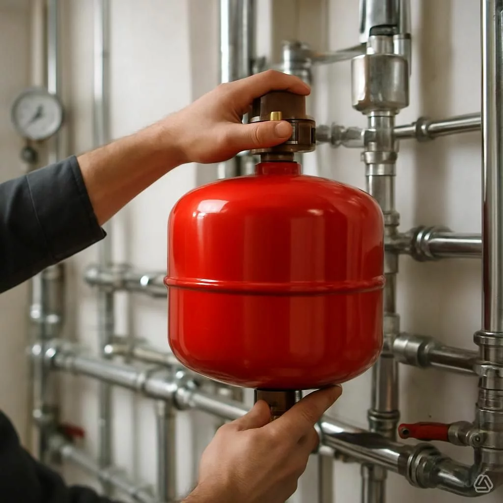 Vase d'expansion chauffage rouge professionnel monté sur mur avec manomètre et raccords - Installation système chauffage Prev'eau Belgique