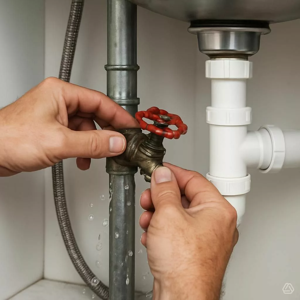 Gestes d'urgence fuite d'eau - fermer robinet d'arrêt sous évier - guide plomberie Prev'eau