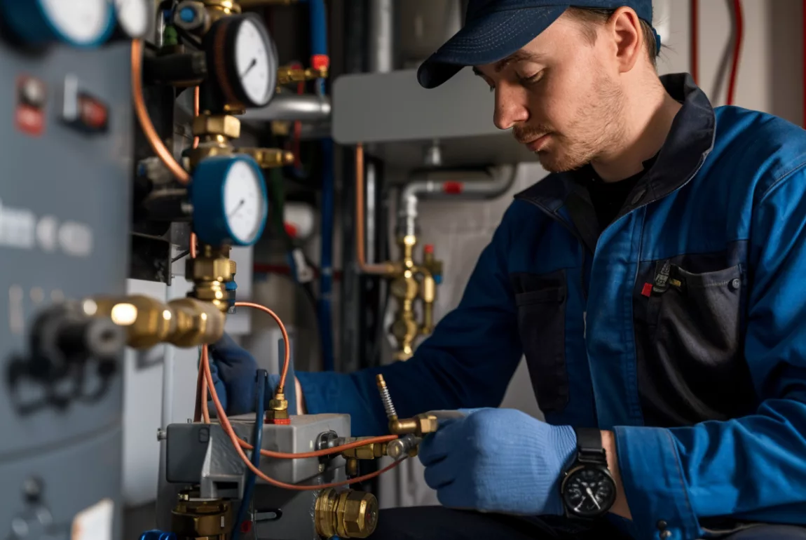 Technicien chauffagiste professionnel effectuant un désembouage de système de chauffage central avec machine de nettoyage haute pression pour éliminer les boues et impuretés des radiateurs et canalisations - Prev'eau Brabant Wallon