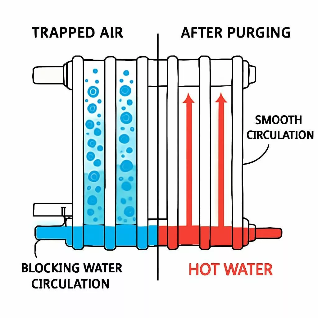 Schéma radiateur avec air emprisonné vs radiateur purgé - circulation eau chaude chauffage central