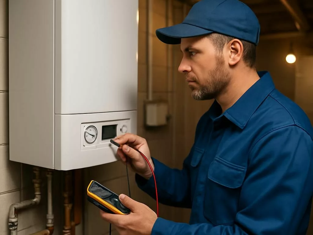 Technicien chauffagiste professionnel inspectant une chaudière murale lors d'un entretien de maintenance préventive