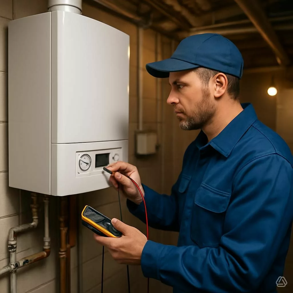Technicien chauffagiste professionnel inspectant une chaudière murale lors d'un entretien de maintenance préventive